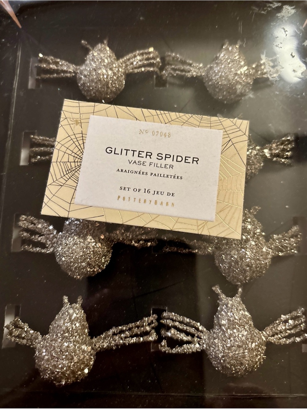NEW Pottery Barn Silver Spider GLITTER Metallic Vase Filler Halloween Decor